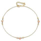 14k Tri-Color Gold Puffed Heart Charms Anklet, Adjustable 9 to 10